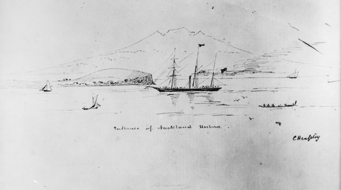 A sparse illustration of boats and waka on the water with two maunga behind.